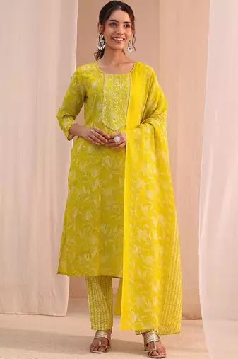 women floral printed regular thread work kurta with trousers & with dupatta