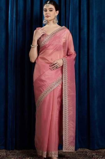 Pink embroidered beads and stones tissue saree