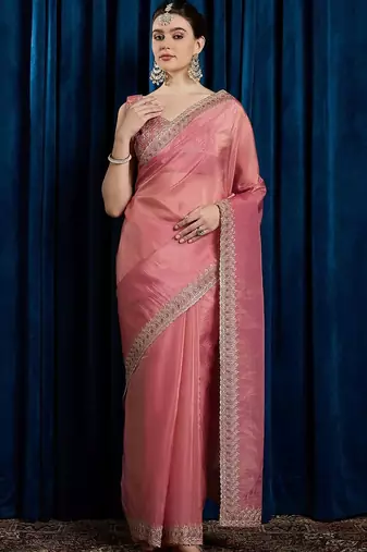 Pink embroidered beads and stones tissue saree