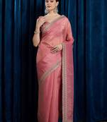 Pink embroidered beads and stones tissue saree