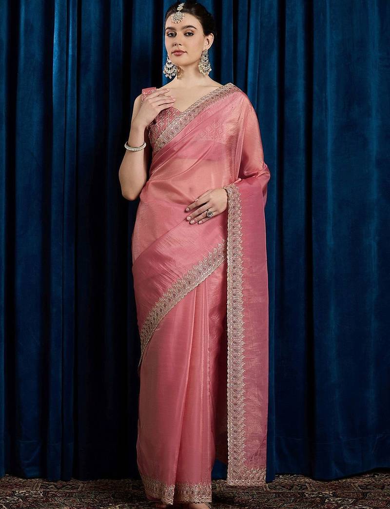 Pink embroidered beads and stones tissue saree