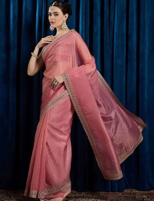 Pink embroidered beads and stones tissue saree 2