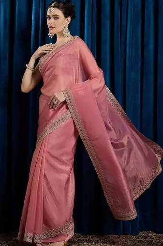 Pink embroidered beads and stones tissue saree