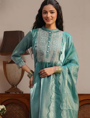 libas blue yoke design tissue straight suit set 1