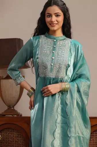 libas blue yoke design tissue straight suit set