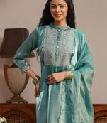 libas blue yoke design tissue straight suit set