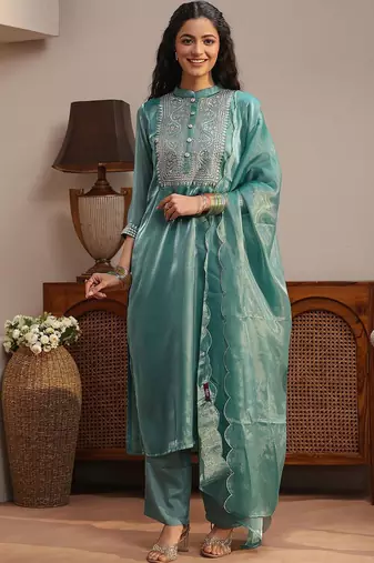 libas blue yoke design tissue straight suit set
