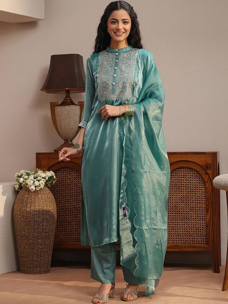 libas blue yoke design tissue straight suit set