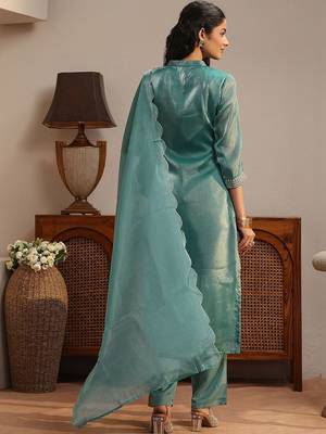 libas blue yoke design tissue straight suit set 3