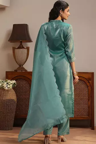 libas blue yoke design tissue straight suit set