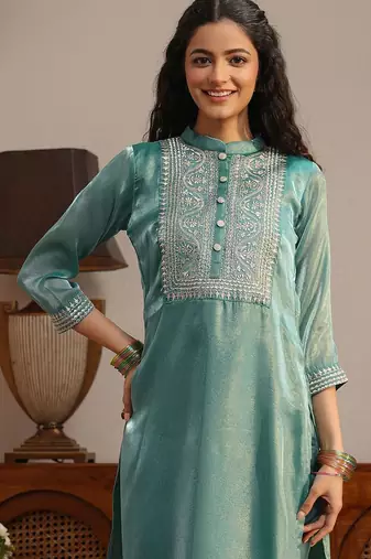 libas blue yoke design tissue straight suit set