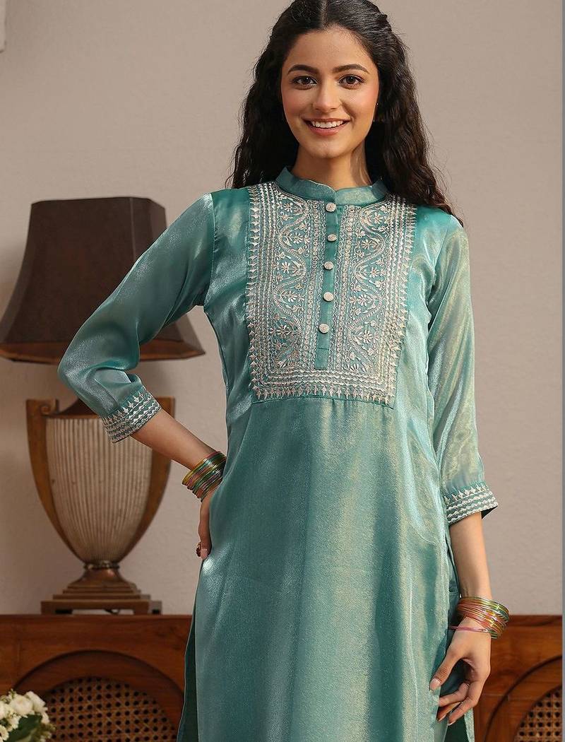 libas blue yoke design tissue straight suit set