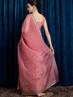 Pink embroidered beads and stones tissue saree 3