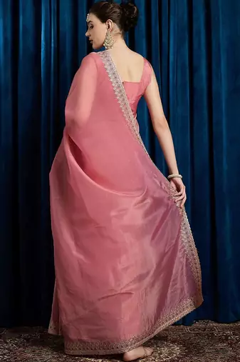 Pink embroidered beads and stones tissue saree