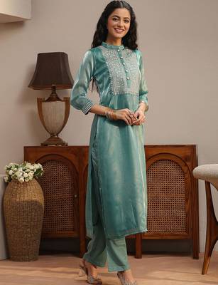 libas blue yoke design tissue straight suit set 5