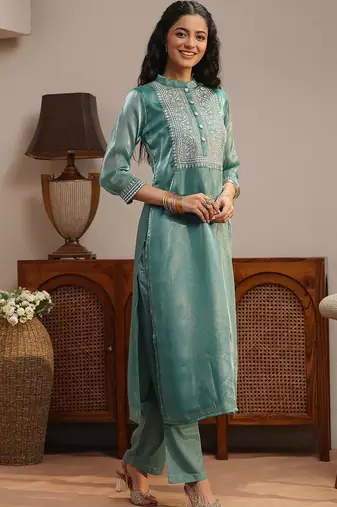 libas blue yoke design tissue straight suit set