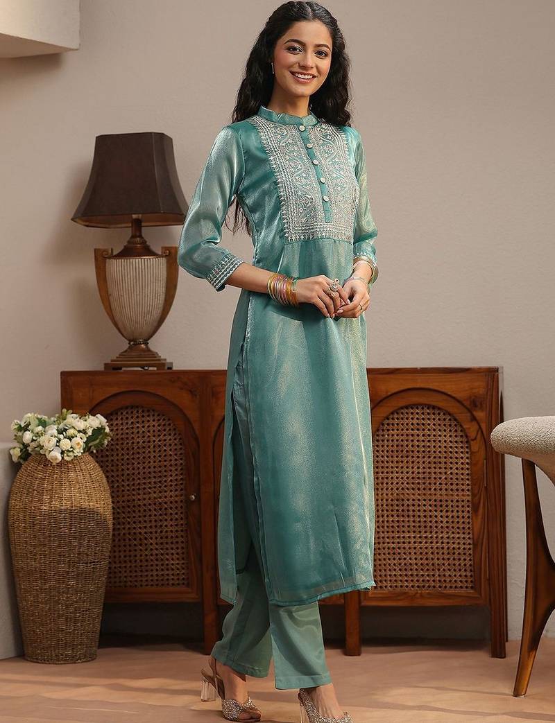 libas blue yoke design tissue straight suit set