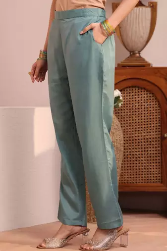 libas blue yoke design tissue straight suit set