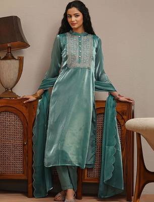 libas blue yoke design tissue straight suit set 7