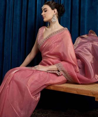 Pink embroidered beads and stones tissue saree 4