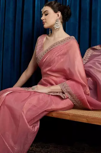 Pink embroidered beads and stones tissue saree