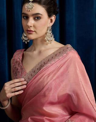 Pink embroidered beads and stones tissue saree 5