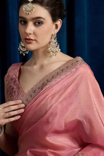 Pink embroidered beads and stones tissue saree
