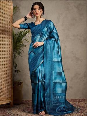 Blue geometric printed kantha work silk cotton tussar saree 1