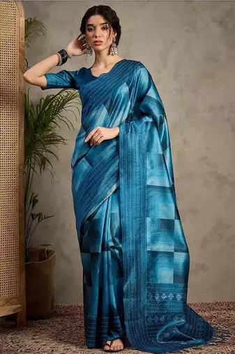 Blue geometric printed kantha work silk cotton tussar saree