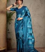 Blue geometric printed kantha work silk cotton tussar saree
