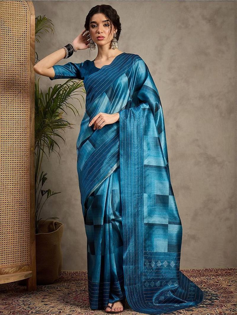 Blue geometric printed kantha work silk cotton tussar saree