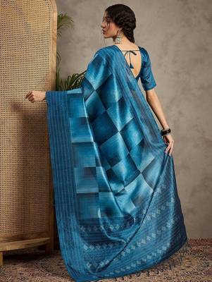 Blue geometric printed kantha work silk cotton tussar saree 2