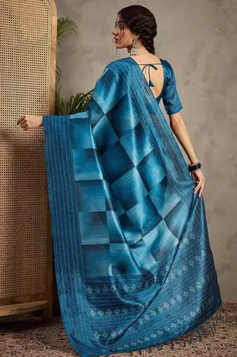Blue geometric printed kantha work silk cotton tussar saree