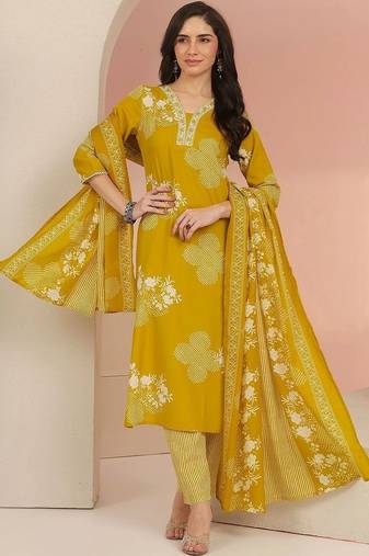 mustard bandhani printed cotton blend straight suit set
