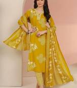 mustard bandhani printed cotton blend straight suit set