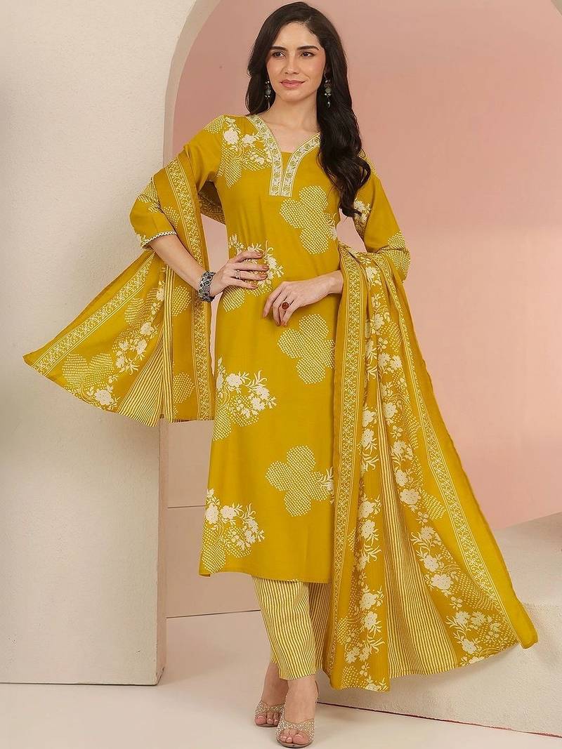 mustard bandhani printed cotton blend straight suit set