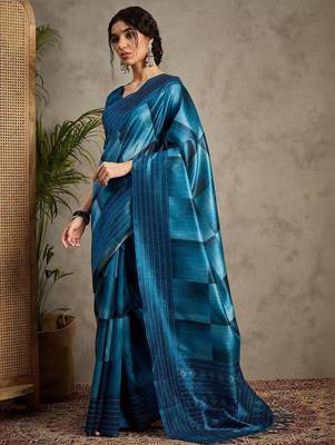 Blue geometric printed kantha work silk cotton tussar saree 3