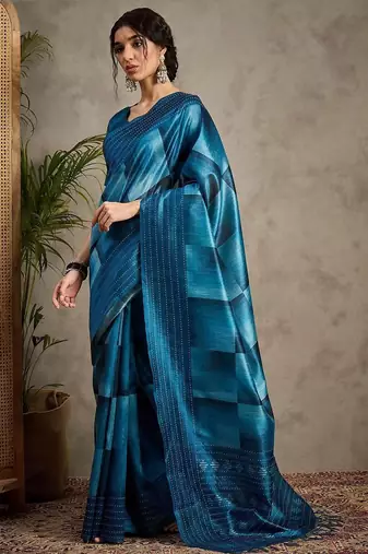 Blue geometric printed kantha work silk cotton tussar saree