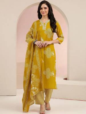 mustard bandhani printed cotton blend straight suit set 2