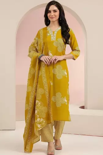 mustard bandhani printed cotton blend straight suit set
