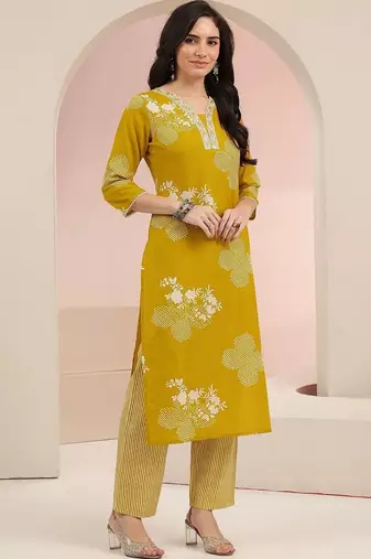 mustard bandhani printed cotton blend straight suit set