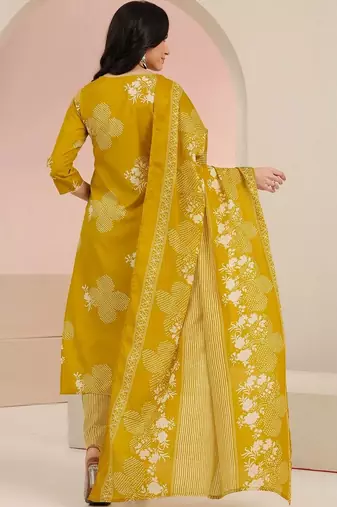 mustard bandhani printed cotton blend straight suit set