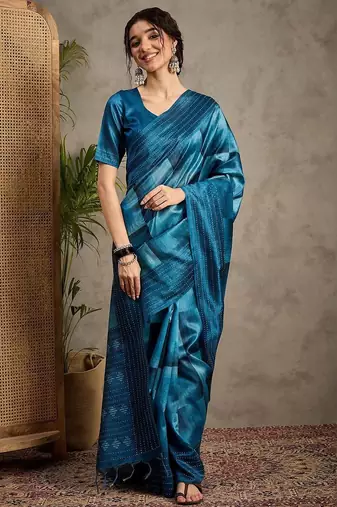 Blue geometric printed kantha work silk cotton tussar saree