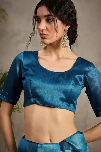 Blue geometric printed kantha work silk cotton tussar saree