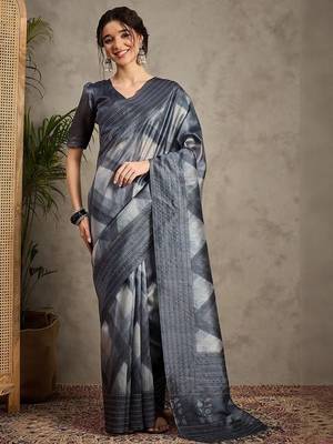 Charcoal ethnic motifs embroidered silk cotton tussar saree 1