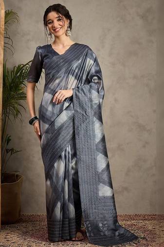 Charcoal ethnic motifs embroidered silk cotton tussar saree