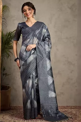 Charcoal ethnic motifs embroidered silk cotton tussar saree