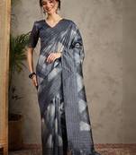Charcoal ethnic motifs embroidered silk cotton tussar saree