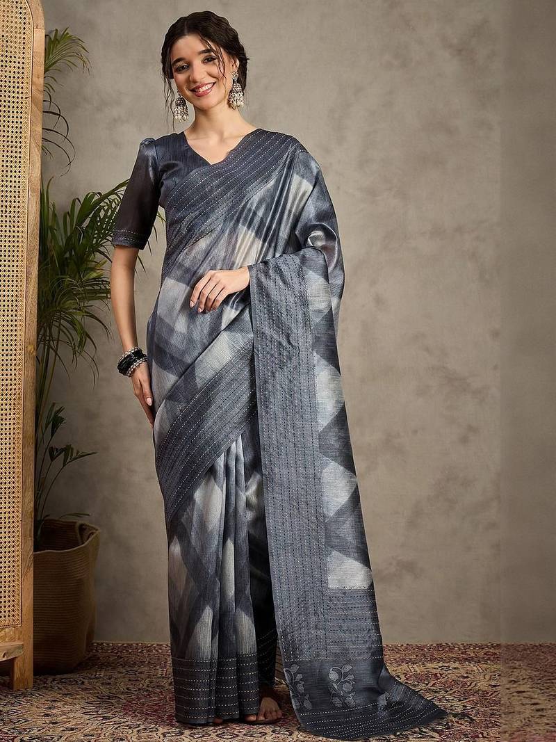 Charcoal ethnic motifs embroidered silk cotton tussar saree
