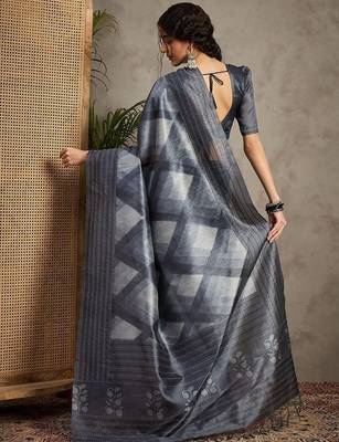 Charcoal ethnic motifs embroidered silk cotton tussar saree 2